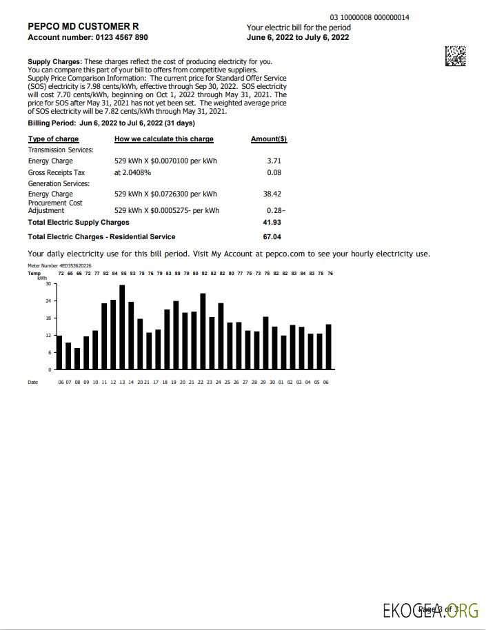 Usa Maryland pepco utility bill, word and pdf template, 3 pages 3 template
